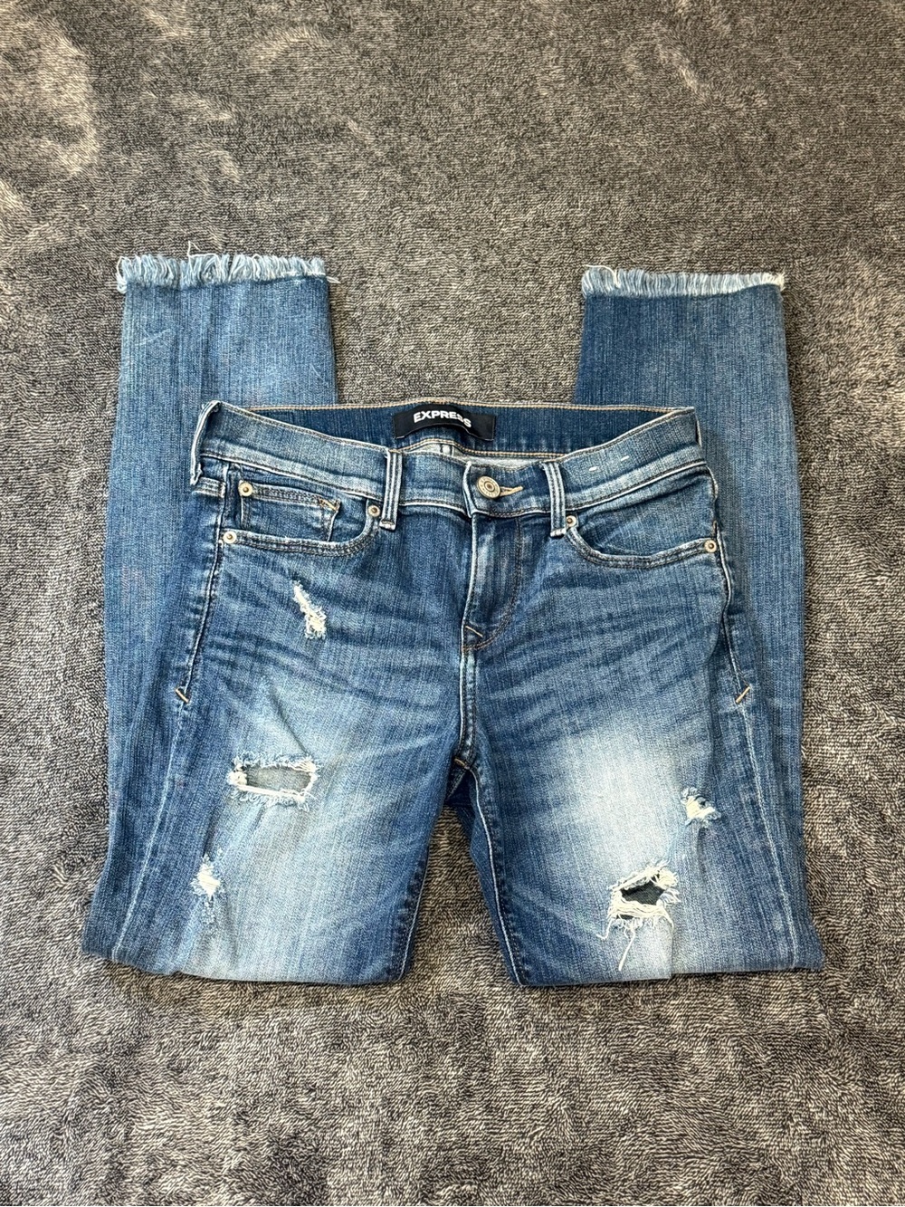 Express Skinny Ankle Mid Rise Distressed Jeans Women’s 2R Blue Stretch 26 Inseam - Picture 5 of 9